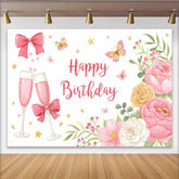 Lofaris Eleganter Happy Birthday Blumen-Geburtstagshintergrund mit Sektgläsern, wunderschöne Fotowand für festliche Anlässe und Partydekoration