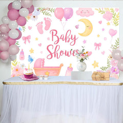 Lofaris Rosa Blumen Babyparty Hintergrund für Mädchen mit Wiege und Ballons, süße Fotowand für Neugeborenen-Fotoshooting