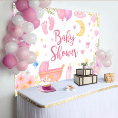 Lofaris Rosa Blumen Babyparty Hintergrund für Mädchen mit Wiege und Ballons, süße Fotowand für Neugeborenen-Fotoshooting