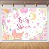 Lofaris Rosa Blumen Babyparty Hintergrund für Mädchen mit Wiege und Ballons, süße Fotowand für Neugeborenen-Fotoshooting