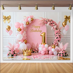 Lofaris Rosa Gold 1. Geburtstag Fotohintergrund Blumen Ballonbogen Prinzessin