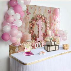 Lofaris Rosa Blumenkranz Nummer Eins Fotohintergrund Ballons Schmetterlinge Mädchen