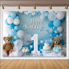 Lofaris Blau Weiß 1. Geburtstag Fotohintergrund Nummer Eins Teddybären Ballons