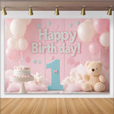 Lofaris Rosa Blau 1. Geburtstag Fotohintergrund Teddybär Kuchen Ballons Mädchen Deko
