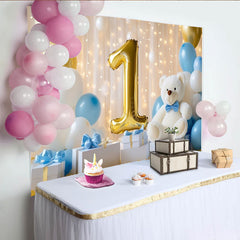 Lofaris Gold Nummer Eins Teddybär 1. Geburtstag Fotohintergrund Blau Weiße Ballons