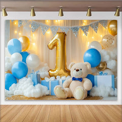 Lofaris Teddybär Gold Nummer Eins 1. Geburtstag Fotohintergrund Blau Weiße Ballons