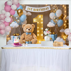 Lofaris Blau Weiße Ballons Gold Nummer Eins 1. Geburtstag Fotohintergrund Teddybär