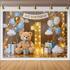 Lofaris Blau Weiße Ballons Gold Nummer Eins 1. Geburtstag Fotohintergrund Teddybär
