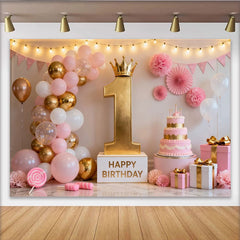 Lofaris Elegant Rosa Gold 1. Geburtstag Fotohintergrund Gekrönte Nummer Eins Ballons