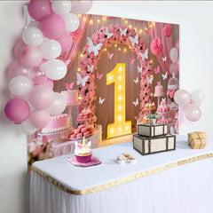 Lofaris Rosa Blumenbogen Schmetterling 1. Geburtstag Fotohintergrund Desserttisch Deko