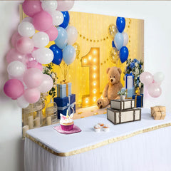 Lofaris Blau Gold Ballons 1. Geburtstag Fotohintergrund Leuchtbuchstabe Eins Teddybär