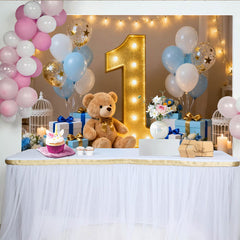Lofaris Süßer Teddybär Gold Nummer Eins 1. Geburtstag Fotohintergrund Blau Weiße Ballons