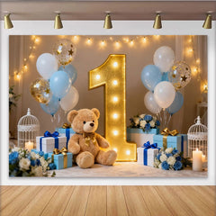 Lofaris Süßer Teddybär Gold Nummer Eins 1. Geburtstag Fotohintergrund Blau Weiße Ballons