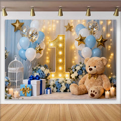 Lofaris Blau Weiß Gold Ballons 1. Geburtstag Fotohintergrund Teddybär Sterne Deko
