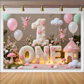 Lofaris Rosa Weiß ONE 1. Geburtstag Fotohintergrund Feengarten Ballons Pilze Deko