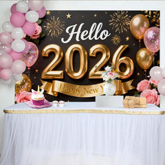 Lofaris Schwarz Gold Hallo 2026 Neujahr Fotohintergrund Rosa Rosen Ballons Feuerwerk