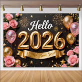Lofaris Schwarz Gold Hallo 2026 Neujahr Fotohintergrund Rosa Rosen Ballons Feuerwerk