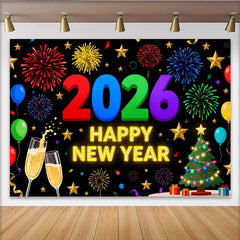 Lofaris Lebendiges 2026 Neujahr Fotohintergrund Champagner Sterne Ballons Silvester Deko