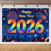 Lofaris Happy Neujahr 2026 Regenbogen Gold Glitzer Fotohintergrund Feuerwerk Stadt Deko