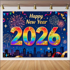 Lofaris Happy Neujahr 2026 Regenbogen Gold Glitzer Fotohintergrund Feuerwerk Stadt Deko
