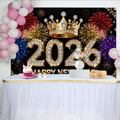 Lofaris Schwarz Gold Diamant 2026 Neujahr Fotohintergrund Krone Buntes Feuerwerk Silvester