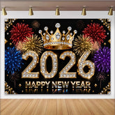 Lofaris Schwarz Gold Diamant 2026 Neujahr Fotohintergrund Krone Buntes Feuerwerk Silvester
