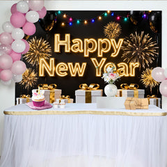 Lofaris Schwarz Gold Neujahr Fotohintergrund Feuerwerk Ballons Geschenke Silvester Deko
