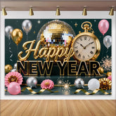 Lofaris Gold Silber Neujahr Fotohintergrund Discokugel Uhr Ballons Silvester Party Deko