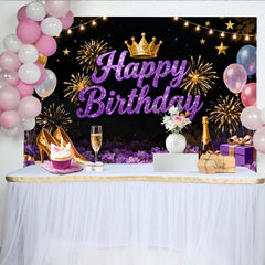 Lofaris Glitzer Lila Happy Birthday Fotohintergrund Krone Feuerwerk Elegante Party Deko