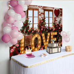 Lofaris Rot Rosa Rosen Beleuchtete LOVE Buchstaben Fotohintergrund Vintage Ziegelwand