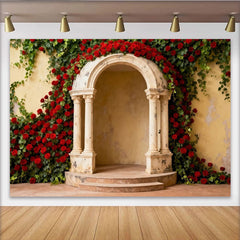 Lofaris Rote Rosen Grüner Efeu Steinbogen Fotohintergrund Romantische Hochzeit Verlobung Deko