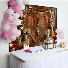 Lofaris Rustikale Holztür Fotohintergrund Elegant Rot Weißer Rosenbogen Hochzeit Fotografie