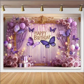 Lofaris Lila Schmetterling Geburtstag Fotohintergrund Rosen Ballons Gold Rahmen Party Deko