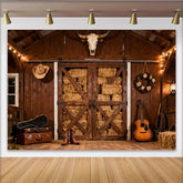 Lofaris Rustikale Scheune Holzwände Heuballen Partyhintergrund, für Western Country Party, mit Cowboyhut Stiefel Gitarre