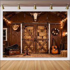 Lofaris Rustikale Scheune Holzwände Heuballen Partyhintergrund, für Western Country Party, mit Cowboyhut Stiefel Gitarre