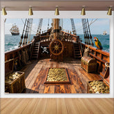 Lofaris Piratenschiff-Partyhintergrund mit Schatzkisten und Goldmünzen, für Kindergeburtstage und Abenteuerfeiern