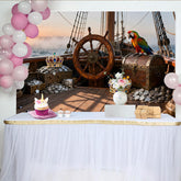 Lofaris Piratenschiff-Hintergrund mit Schatzkiste, Krone und Papagei, Fotokulisse für Kindergeburtstage