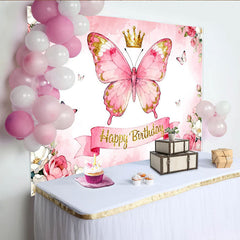 Lofaris Rosa Schmetterling Krone Glitzer Blumen Geburtstag Partyhintergrund, für Mädchen Geburtstagsfeier