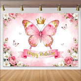 Lofaris Rosa Schmetterling Krone Glitzer Blumen Geburtstag Partyhintergrund, für Mädchen Geburtstagsfeier