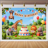 Lofaris Niedlicher bunter Cartoon-Dschungeltier-Geburtstagshintergrund, mit Ballons und Kuchen für Kindergeburtstage
