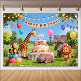 Lofaris Fröhlicher Cartoon-Tier-Geburtstagshintergrund, Safari-Dschungel-Party-Dekoration für Kinder, festliche Fotokulisse