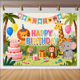 Lofaris Farbenfroher Dschungel-Safari-Cartoon-Geburtstagshintergrund mit niedlichen Tieren, Kuchen und Ballons für Kinderpartys