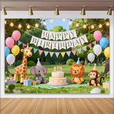 Lofaris Giraffe, Elefant, Löwe und Affe Geburtstagshintergrund, mit Ballons und Torte, professionelle Fotografie