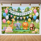 Lofaris Niedlicher Cartoon-Dschungeltier-Geburtstagshintergrund, mit Ballons, Torte und Happy Birthday Banner für Kinder
