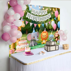 Lofaris Niedlicher Cartoon-Tier-Geburtstagshintergrund, bunte Dschungeltiere und Ballons für Kinderparty, Fotokulisse
