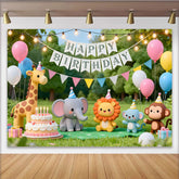 Lofaris Niedlicher Cartoon-Tier-Geburtstagshintergrund, bunte Dschungeltiere und Ballons für Kinderparty, Fotokulisse