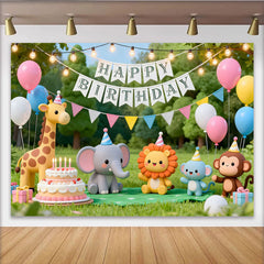 Lofaris Niedlicher Cartoon-Tier-Geburtstagshintergrund, bunte Dschungeltiere und Ballons für Kinderparty, Fotokulisse