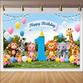 Lofaris Niedlicher bunter Safari-Tier-1.-Geburtstagshintergrund, mit Ballons und Dschungel-Motiv, für Babyparty und Kinder