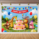 Lofaris: Bunter Tier-Geburtstagshintergrund mit Torte und Ballons, für Kinderpartys im Freien, fröhliche Fotokulisse