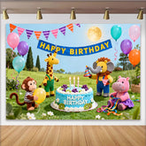 Lofaris Fröhlicher bunter Tierfreunde-Geburtstagshintergrund für Kinder, mit Ballons, Kuchen und Girlande, Outdoor-Wiesenparty